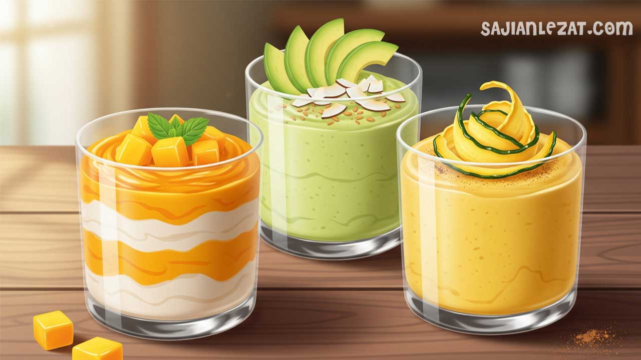 Puding buah segar mangga alpukat dan labu kuning dengan tampilan cantik dan menggugah selera