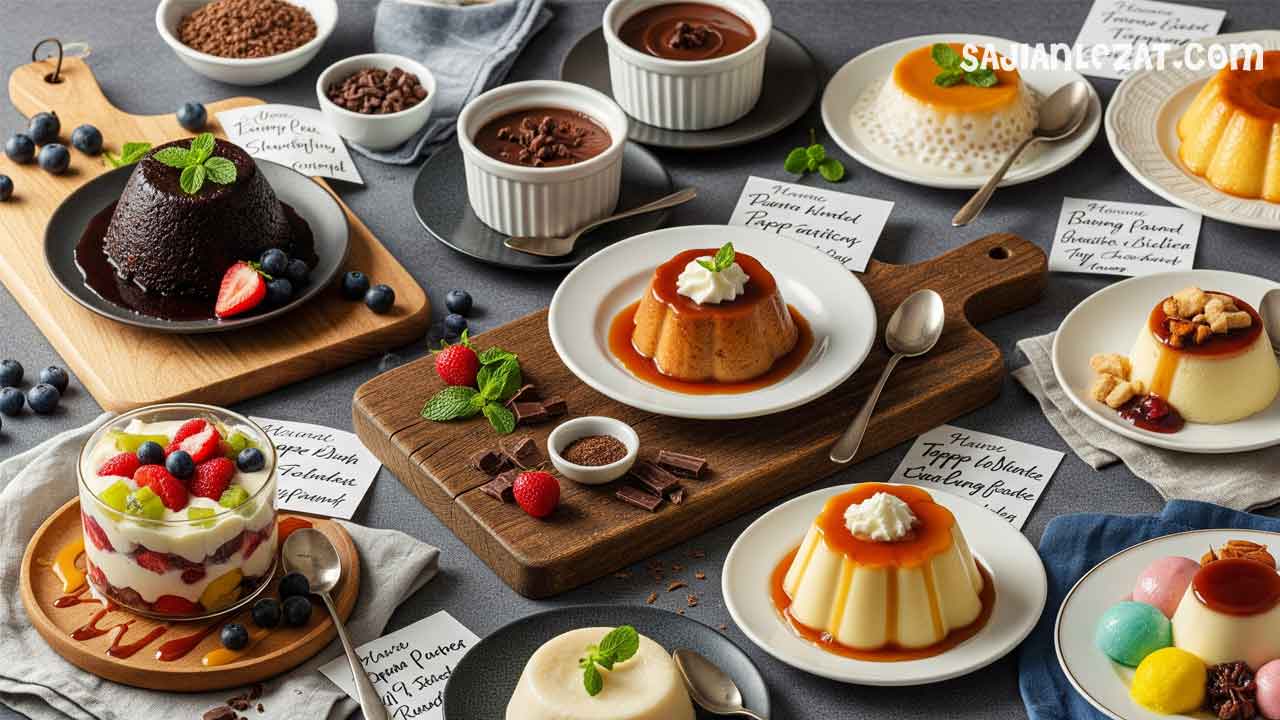Ilustrasi puding lezat berbagai rasa yang menggugah selera